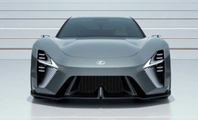 Front view of a sleek, futuristic Lexus sports car with sharp LED headlights.