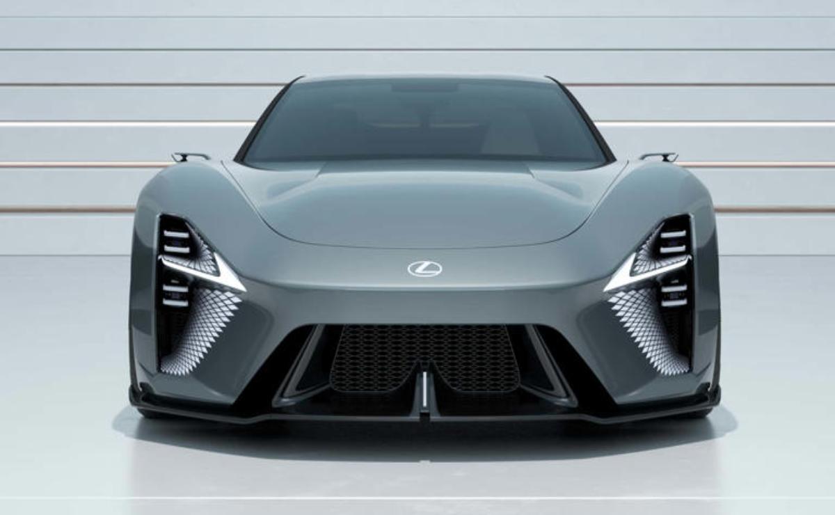 Front view of a sleek, futuristic Lexus sports car with sharp LED headlights.