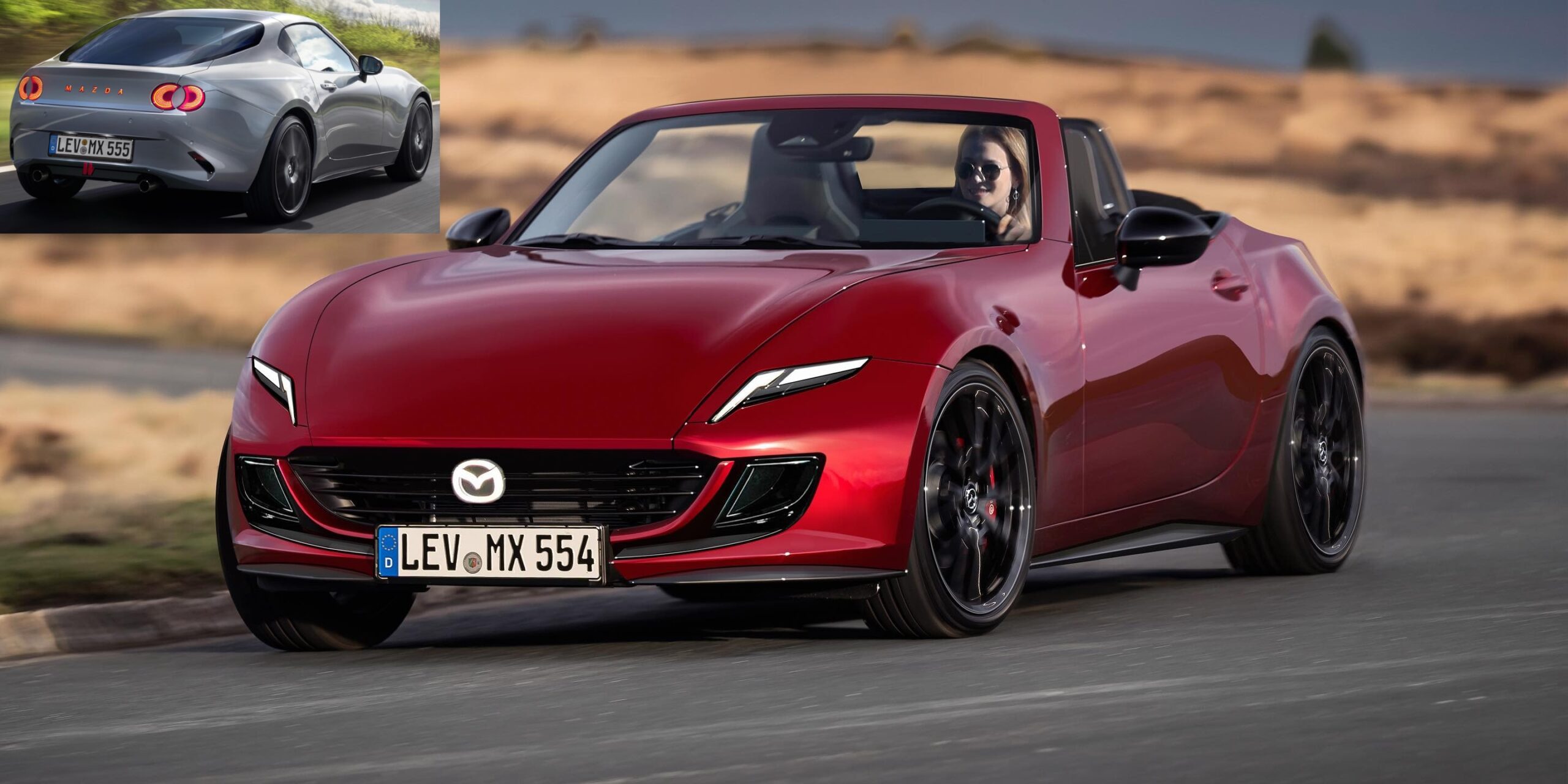 Red Mazda convertible driving on a road with a driver.