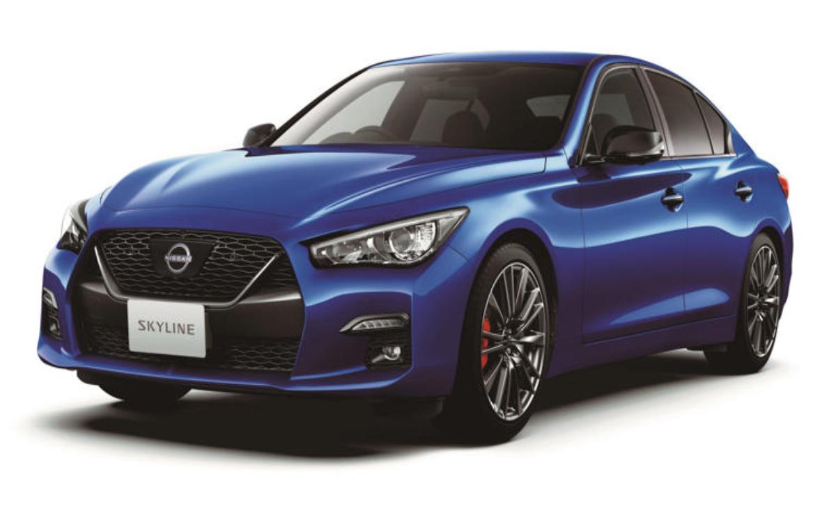 A sleek blue Nissan sports sedan with modern design.