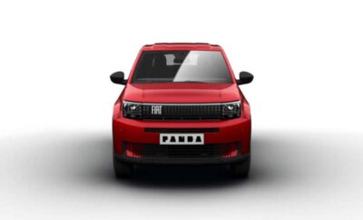Front view of a red compact car with license plate reading 'PANDA'.