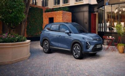 A sleek blue SUV parked in a stylish urban driveway.