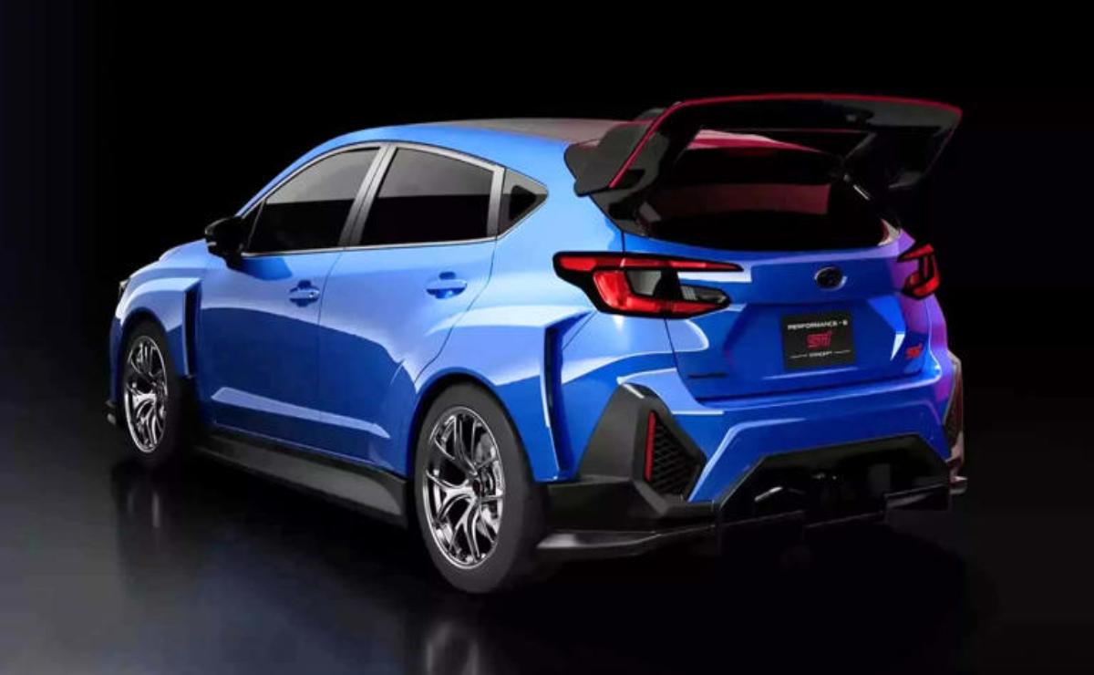 A sleek blue hatchback car with its rear hatch open, showcased in a dark setting.