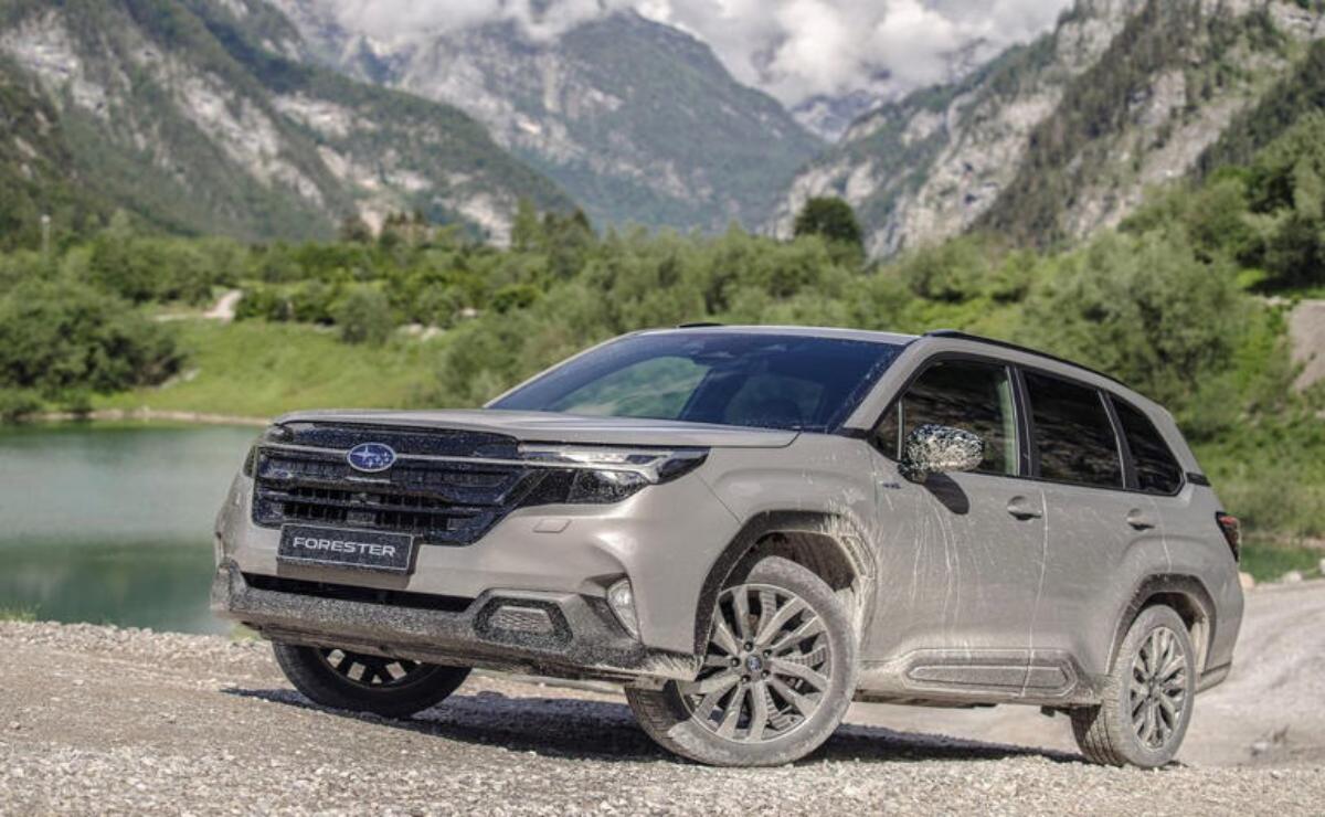 Silver Subaru SUV parked on a gravel road with mountains in the background.