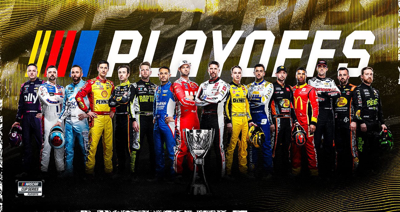NASCAR drivers posing with a trophy for the playoffs.