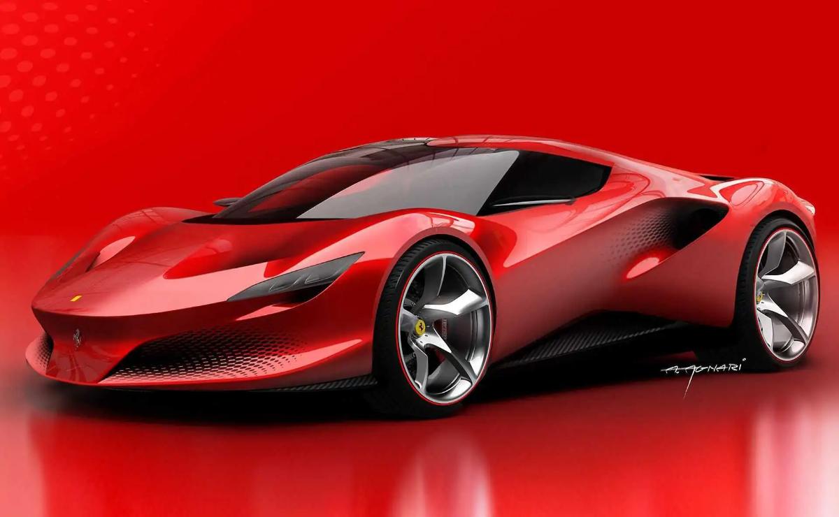 Sleek red sports car with futuristic design and glossy finish.