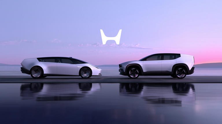 Two futuristic electric vehicles facing each other on a reflective surface with a purple sky.