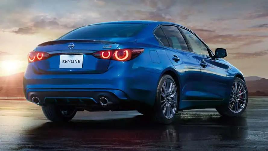 Blue sedan car with glowing red tail lights on a wet road at dusk.