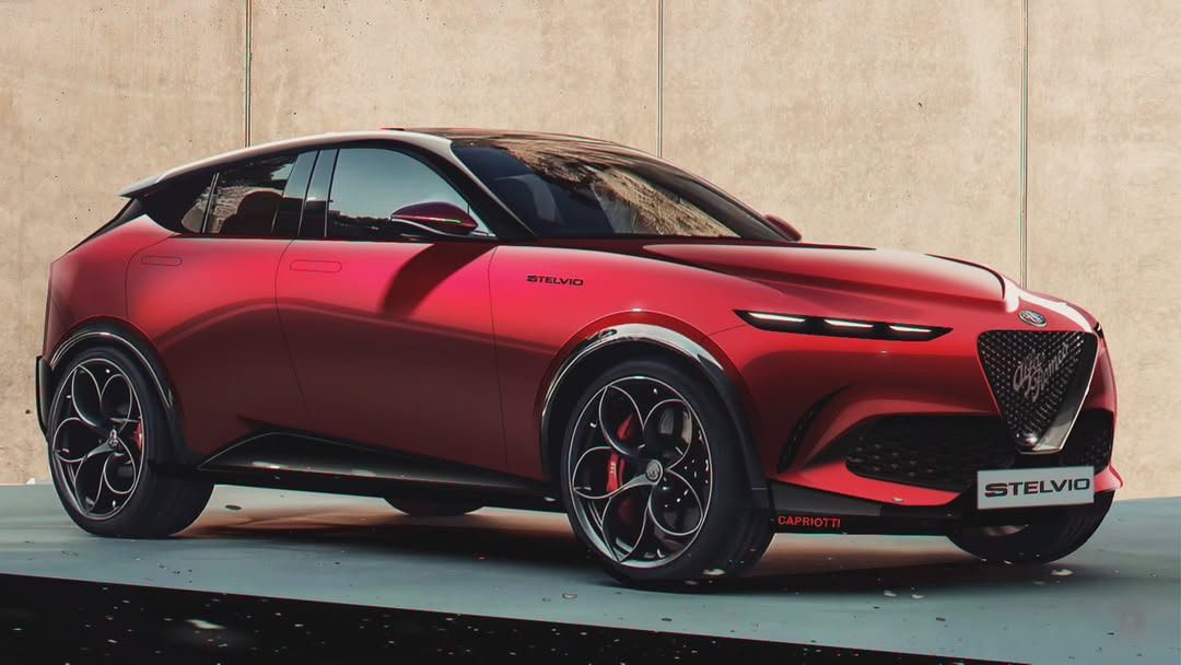Sleek red sports car with black accents parked against a beige wall.