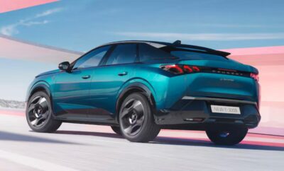 Sleek teal crossover vehicle parked on a smooth surface under clear skies.