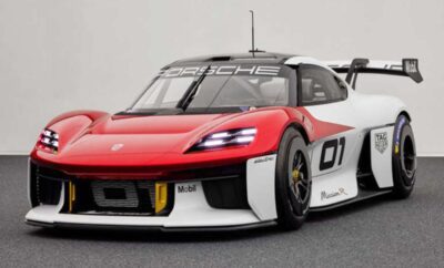 A sleek red and white Porsche race car with bold design features.