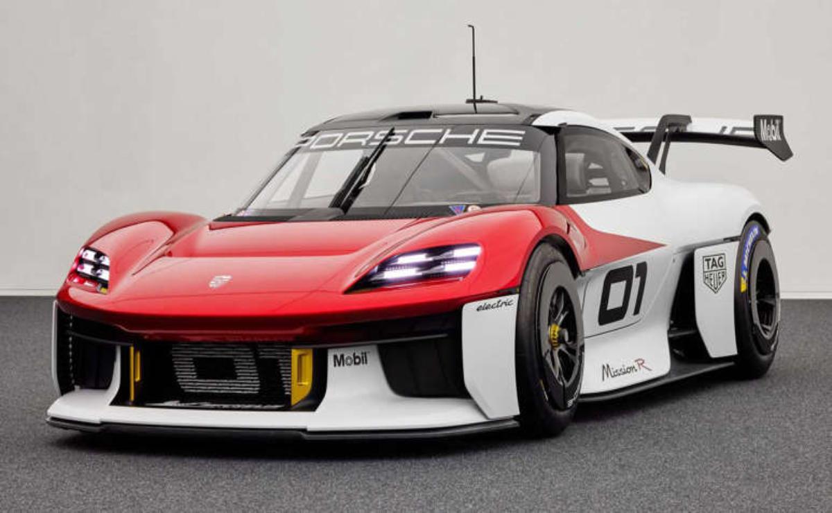 A sleek red and white Porsche race car with bold design features.