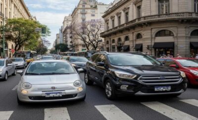 Two cars stopped at a crosswalk in a city street with historic buildings.