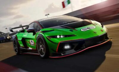 A sleek green sports car racing on a track.