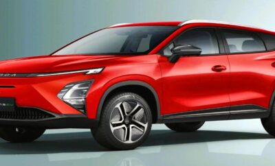 Sleek red modern SUV with futuristic design features.