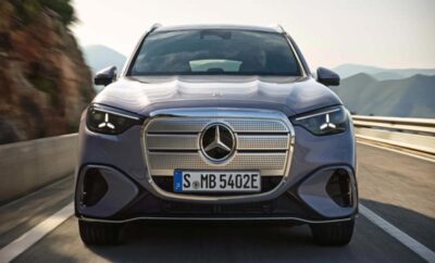 Front view of a sleek silver Mercedes-Benz electric car.