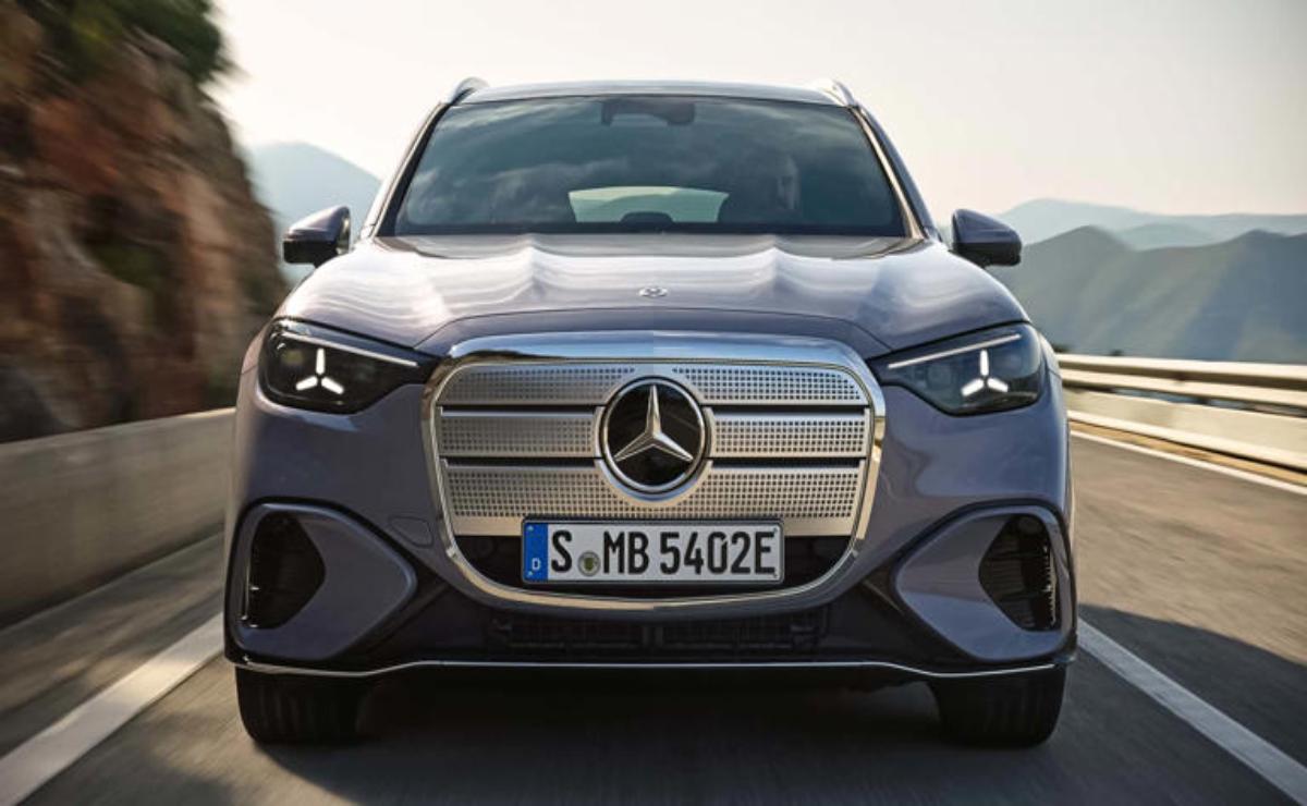 Front view of a sleek silver Mercedes-Benz electric car.