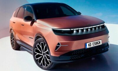 A sleek, modern electric SUV in a copper color driving on a road.