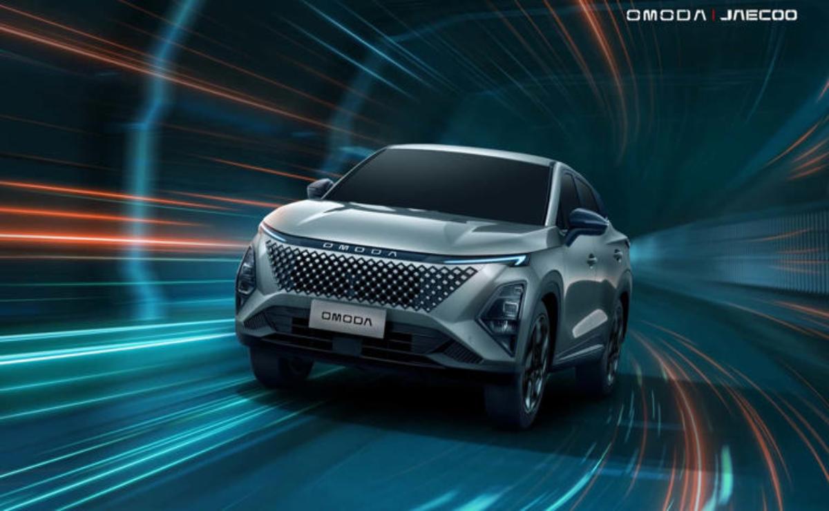 Sleek futuristic electric SUV driving through a dynamic tunnel.