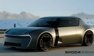 Futuristic silver electric car with sleek design and unique wheels by Škoda.