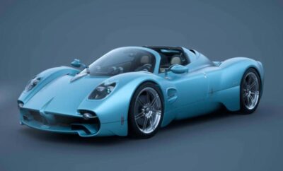 Sleek blue sports car with aerodynamic design and open cockpit.
