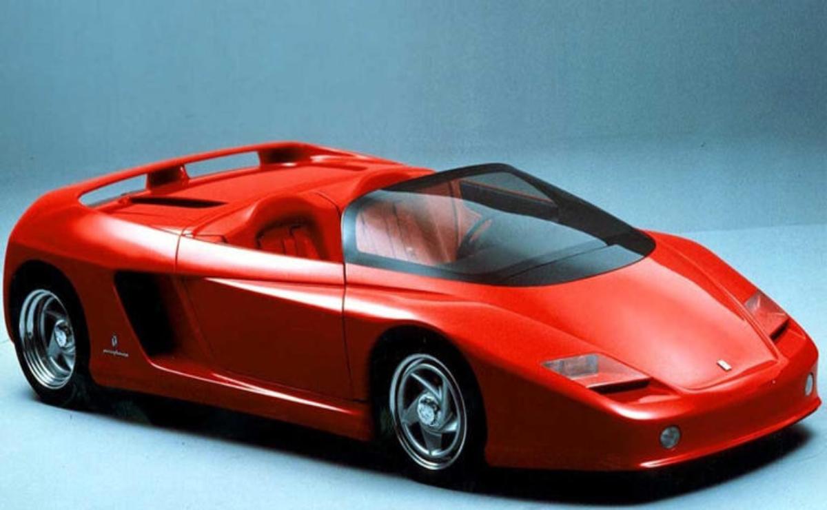 Classic red sports car with sleek design and open roof.