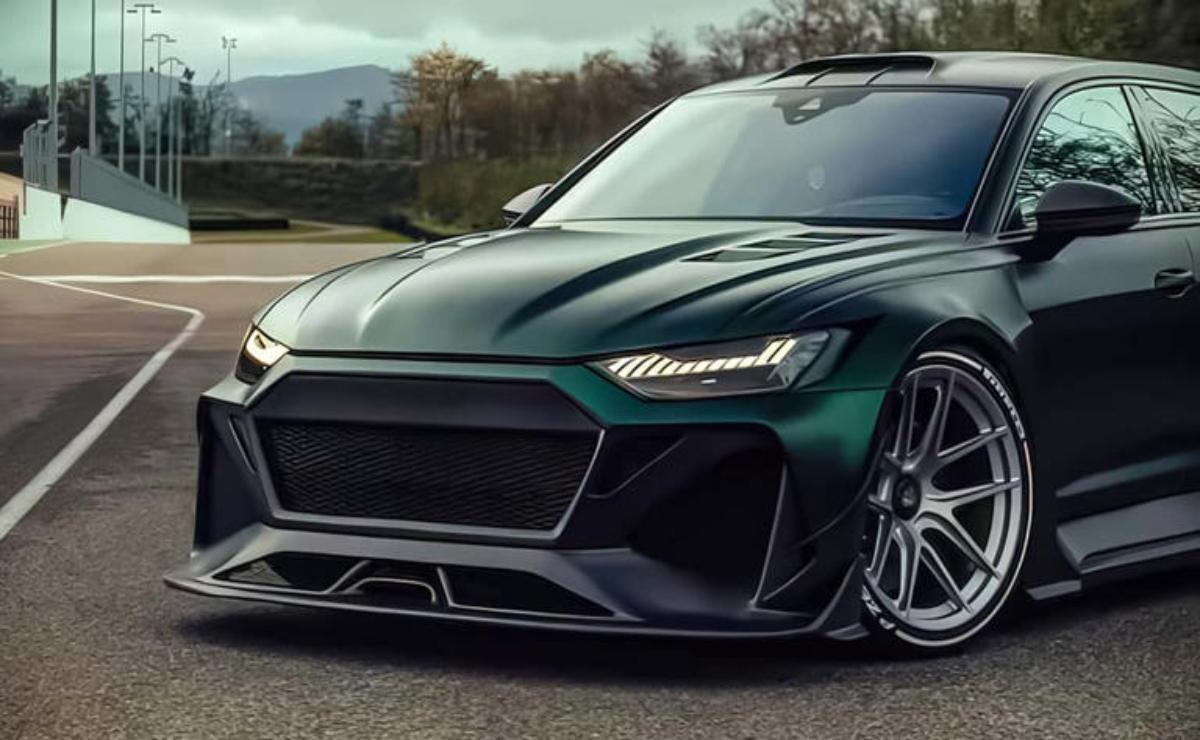 Sleek dark green sports car with sharp LED headlights and aggressive front grille.