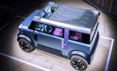 Futuristic compact electric SUV with sleek design and panoramic roof.