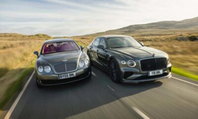 Two luxury Bentley cars driving on a scenic road.