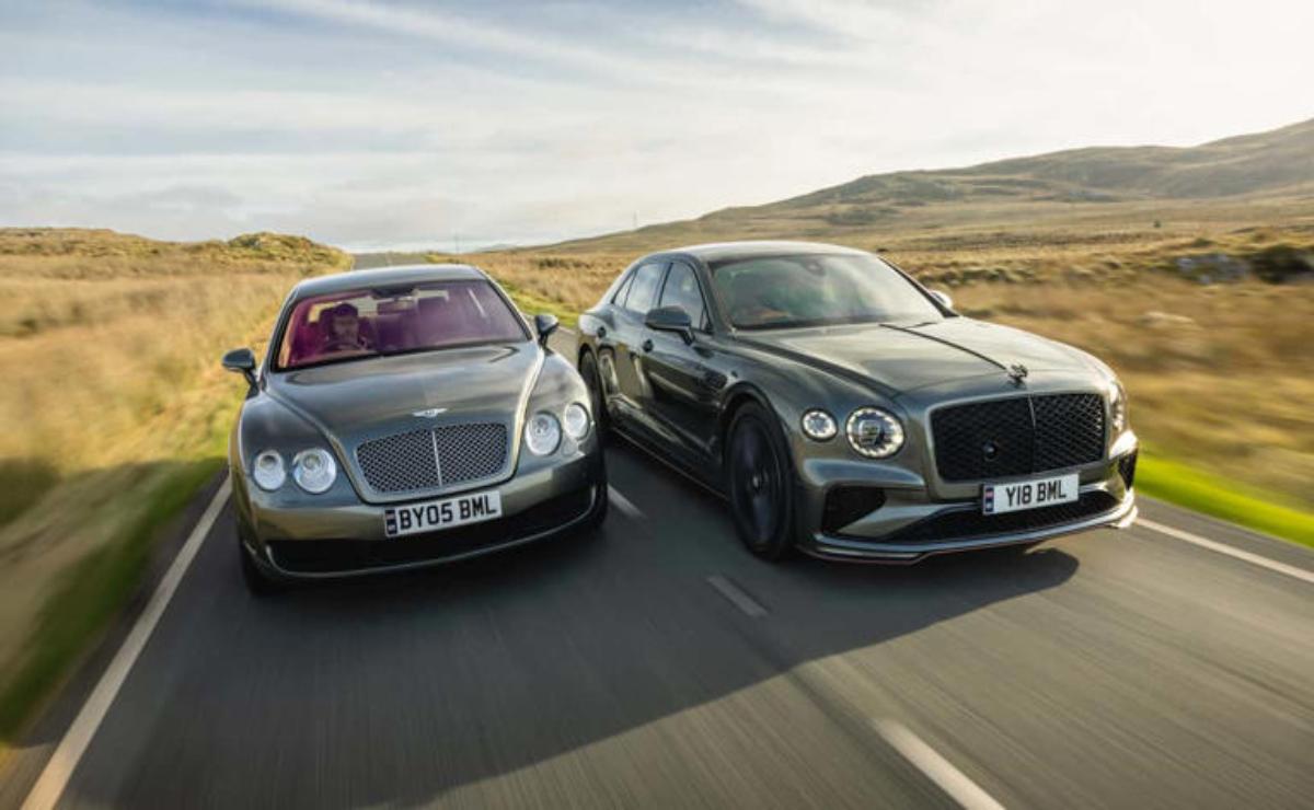 Two luxury Bentley cars driving on a scenic road.
