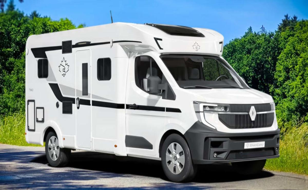 Modern white camper van parked outdoors under clear sky.