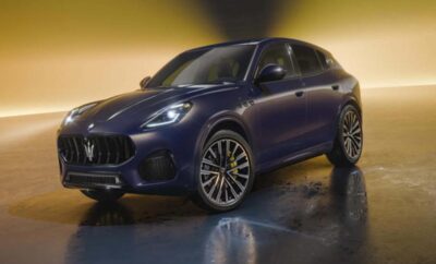 Sleek blue luxury SUV with modern design and stylish alloy wheels.