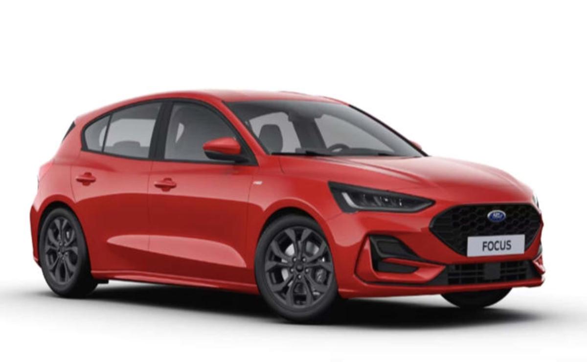Red sporty sedan with sleek design and black alloy wheels.