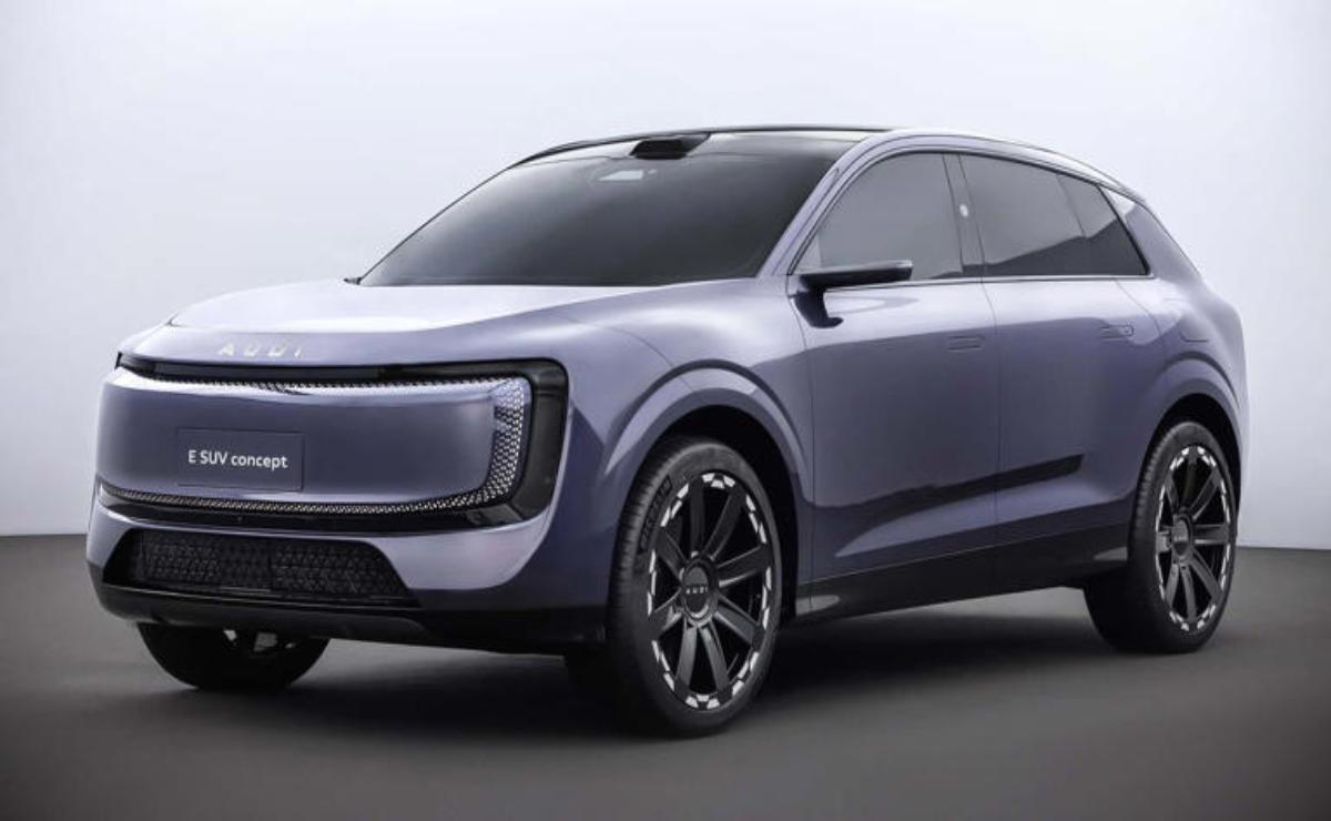 A sleek, modern electric SUV with a futuristic design in grey.