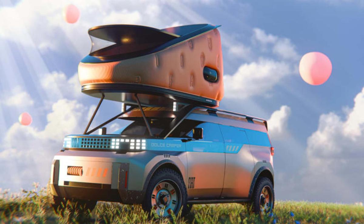 Futuristic camper van with a rooftop pod under a partly cloudy sky.