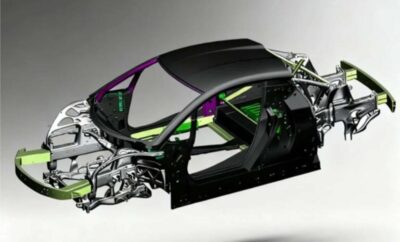 Cutaway view of a car frame highlighting internal structure and components.