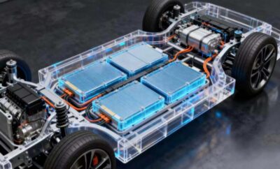 Transparent electric car model showing battery packs and chassis.