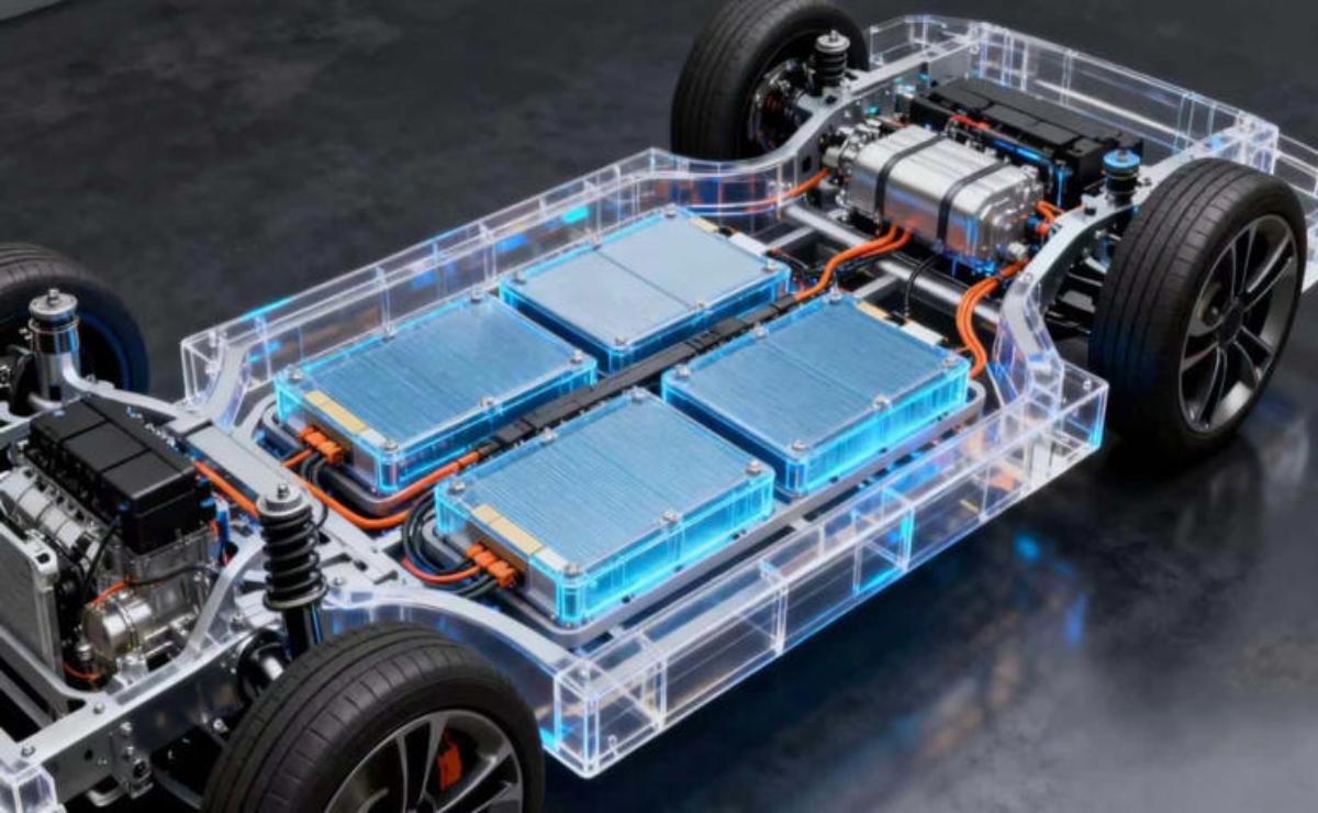 Transparent electric car model showing battery packs and chassis.