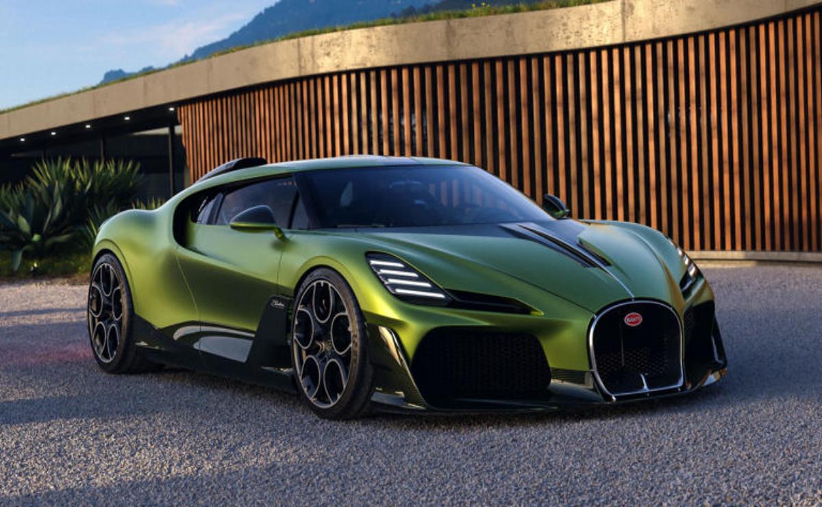 Sleek green Bugatti sports car parked on a street.