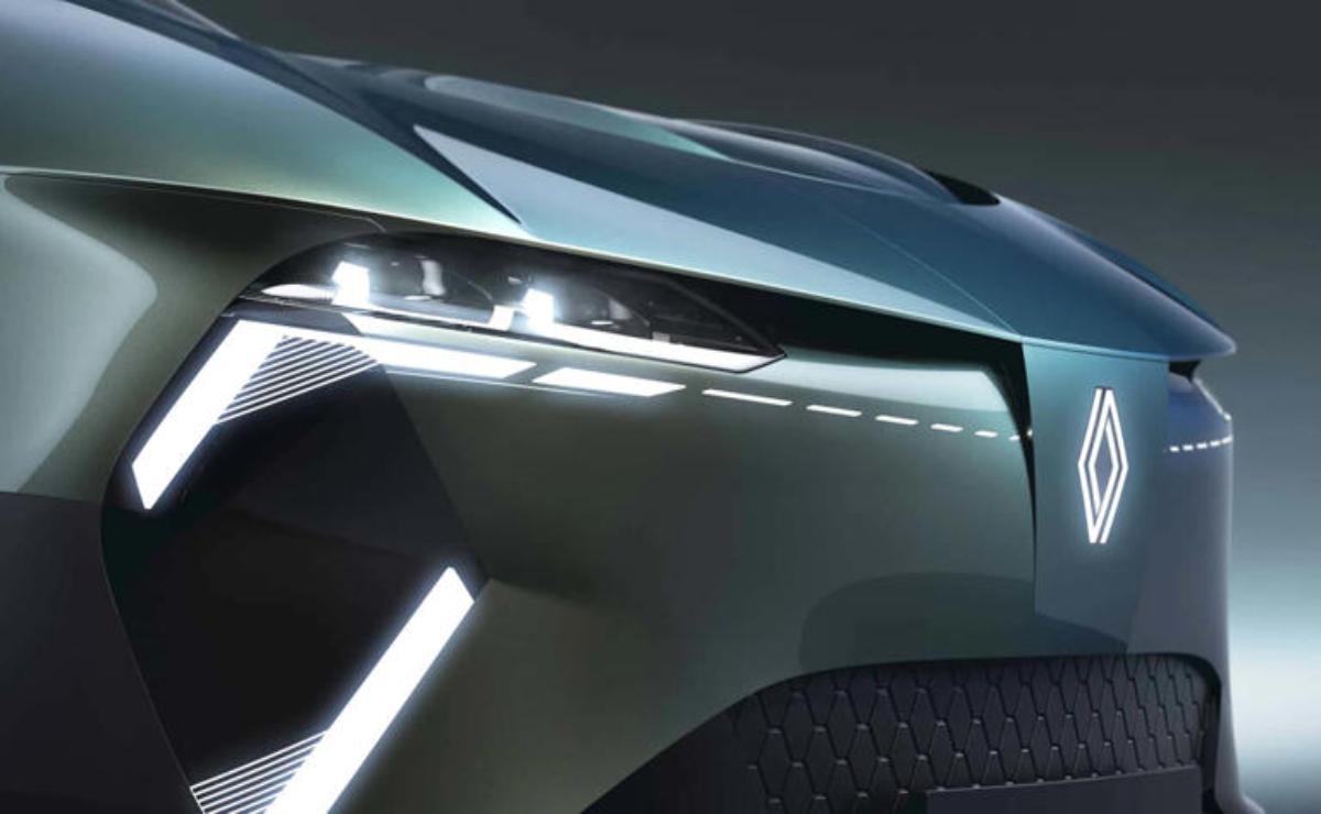 Close-up of a futuristic car's sleek LED headlights and grille design.