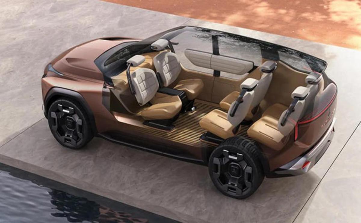 Futuristic brown SUV with open doors showcasing spacious interior seating.