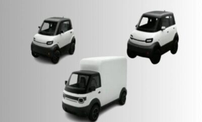 Three compact electric vehicles in white, including a van and two cars.