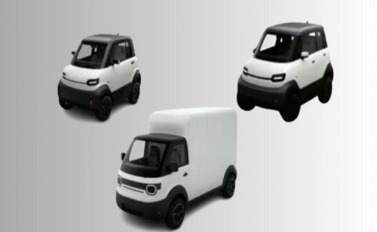 Three compact electric vehicles in white, including a van and two cars.