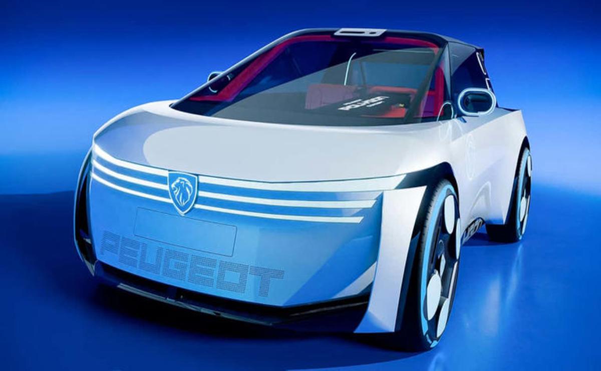 Futuristic Peugeot concept car with sleek design and illuminated logo.