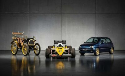 Three generations of Renault cars showcasing automotive evolution.