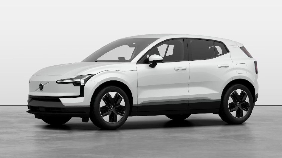 A sleek white electric SUV with modern design features.