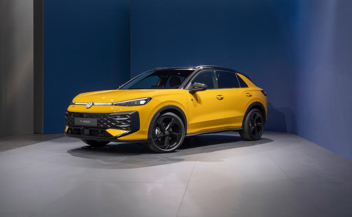 Sleek yellow electric SUV showcased in a modern setting.