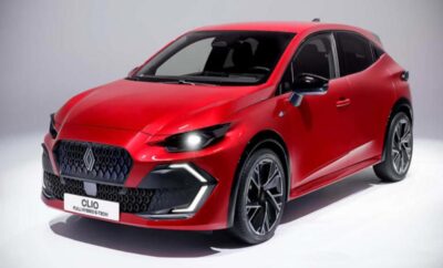 Red modern hatchback car with stylish design and LED headlights.