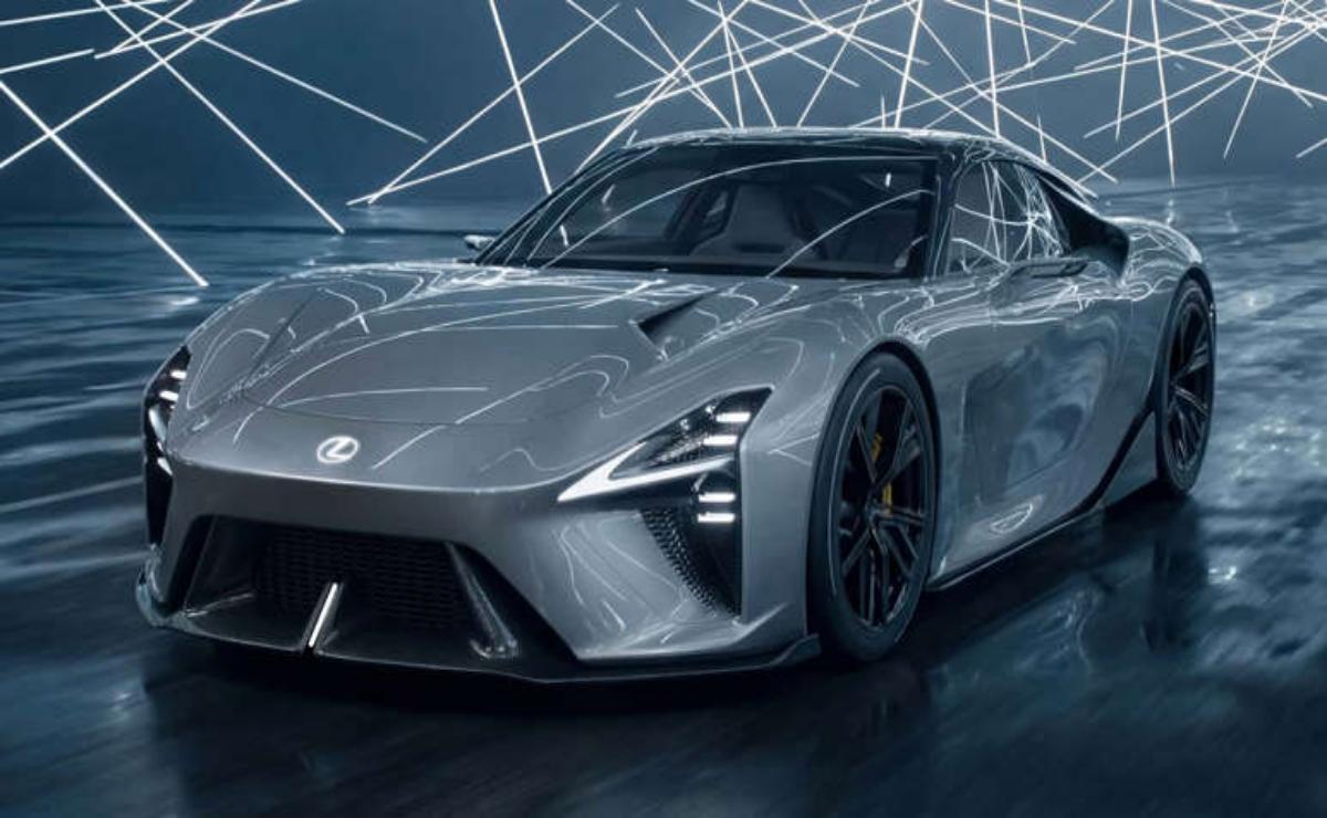Sleek silver sports car in a futuristic setting with geometric light patterns.