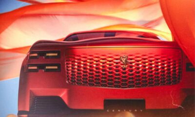 Close-up of a red futuristic car front with glowing headlights and USB ports.